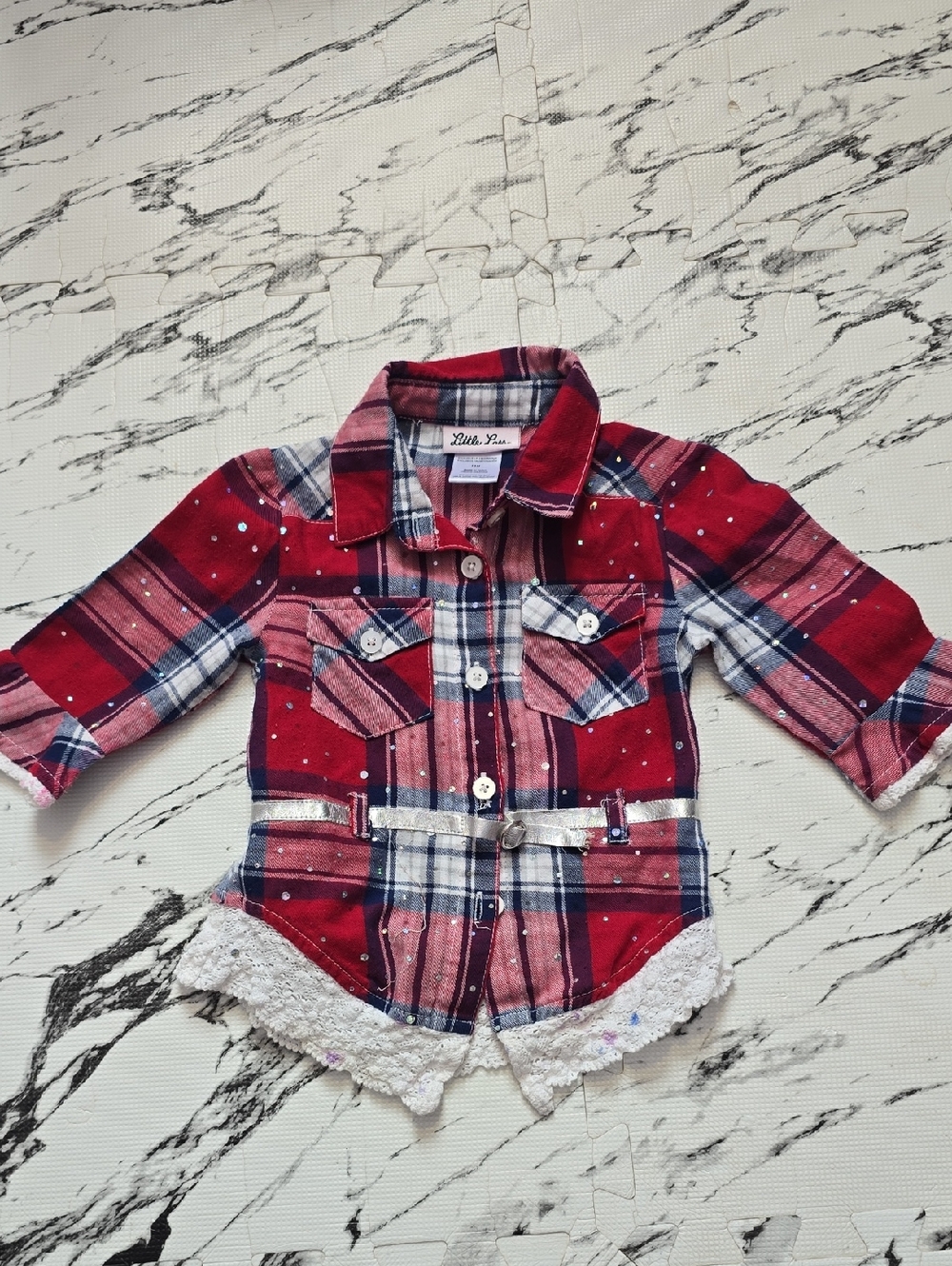 Little Lass Red Plaid Button-Down Shirt with Lace Hem